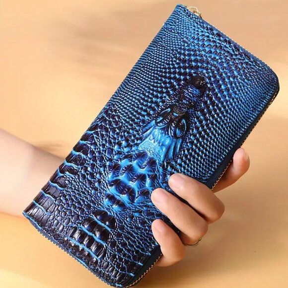 Raised Crocodile Embossed Leather Zipper Wallet Clutch Wristlet Card Holder - Picture 2 of 6